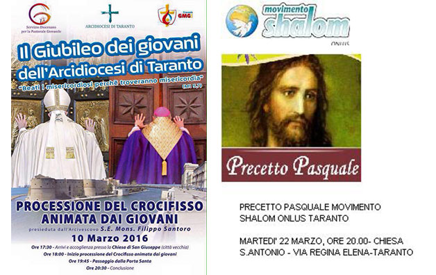 Appuntamenti spirituali del Movimento Shalom onlus – sezione di Taranto per il mese di marzo