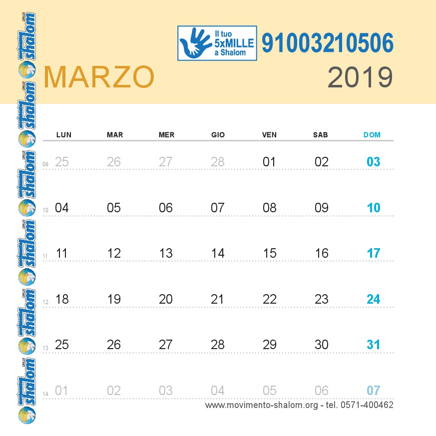 Calendario Shalom 2019 Movimento Shalom Onlus