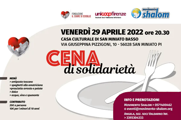 Cena di solidarietà a San Miniato il 29 aprile